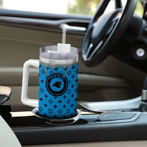 custom carolina panthers bullseye drips blue curved tumbler trendy.webp