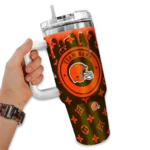 custom cleveland browns bullseye drips brown curved tumbler best selling.webp