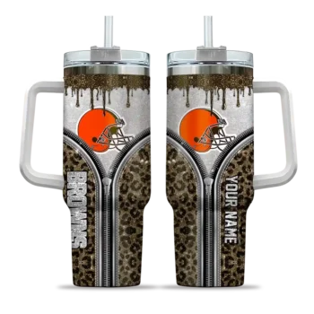 custom cleveland browns leopard zipper brown curved tumbler best selling.webp