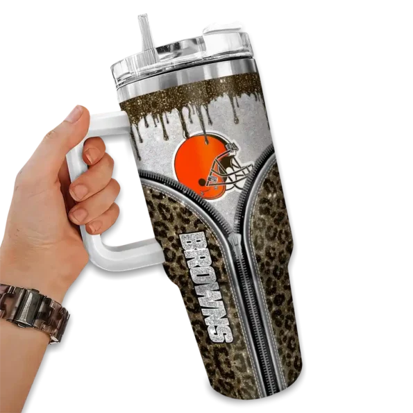 custom cleveland browns leopard zipper brown curved tumbler fashion forward.webp