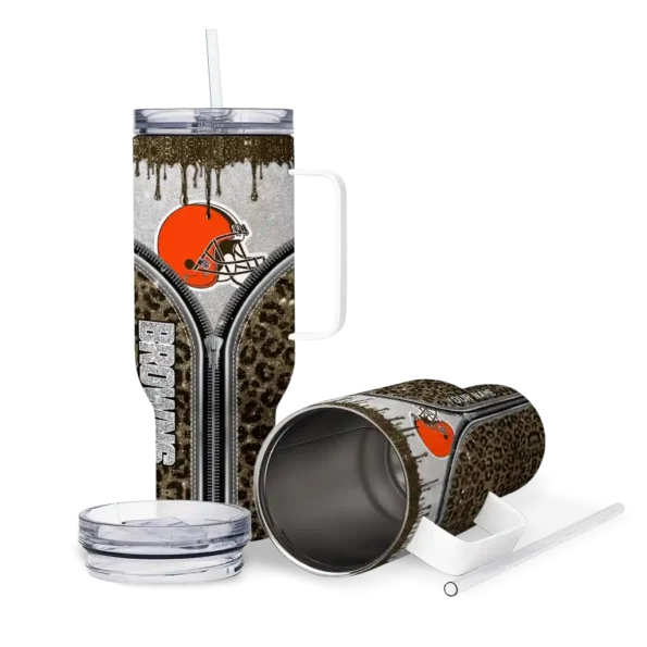 custom cleveland browns leopard zipper brown curved tumbler high quality.webp