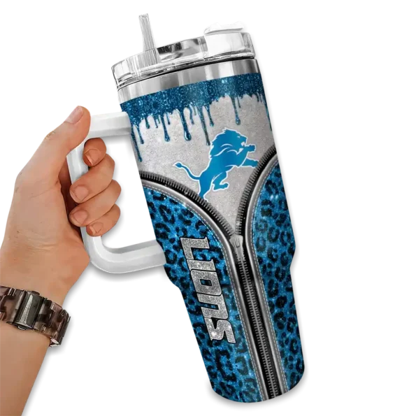 custom detroit lions leopard zipper blue curved tumbler fashion forward.webp