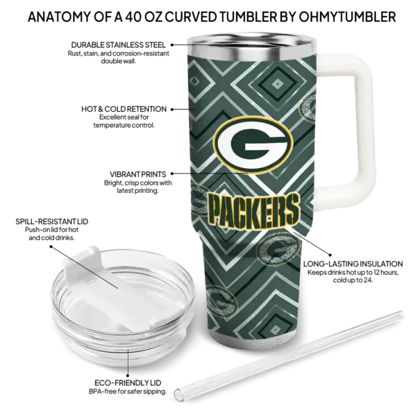 custom green bay packers bold diamonds green curved tumbler new arrival.webp