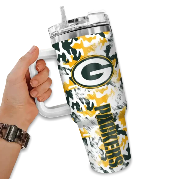 custom green bay packers camo mashup green white curved tumbler fashion forward.webp