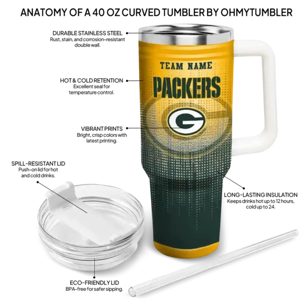 custom green bay packers gradient dots green curved tumbler new arrival.webp