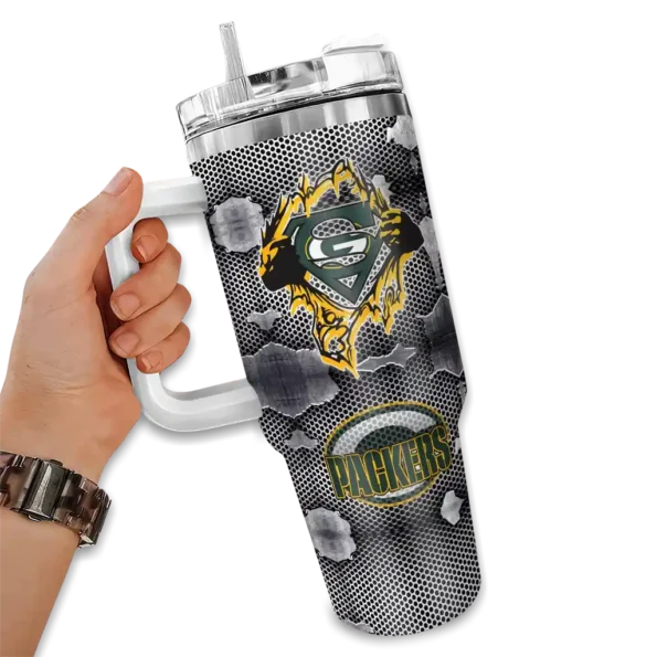 custom green bay packers superman shield green gray curved tumbler fashion forward.webp