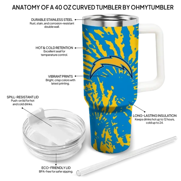 custom los angeles chargers burst swirl blue curved tumbler new arrival.webp