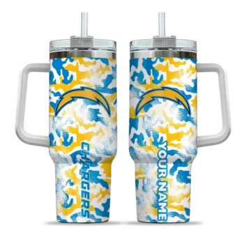 custom los angeles chargers camo mashup blue white curved tumbler best selling.webp