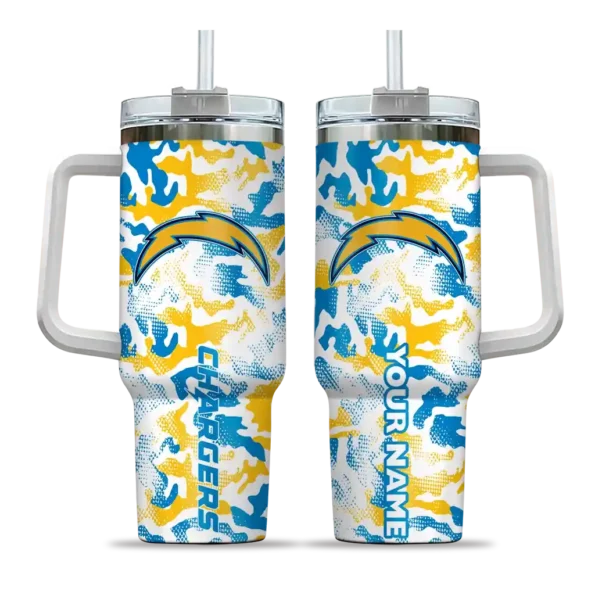 custom los angeles chargers camo mashup blue white curved tumbler best selling.webp