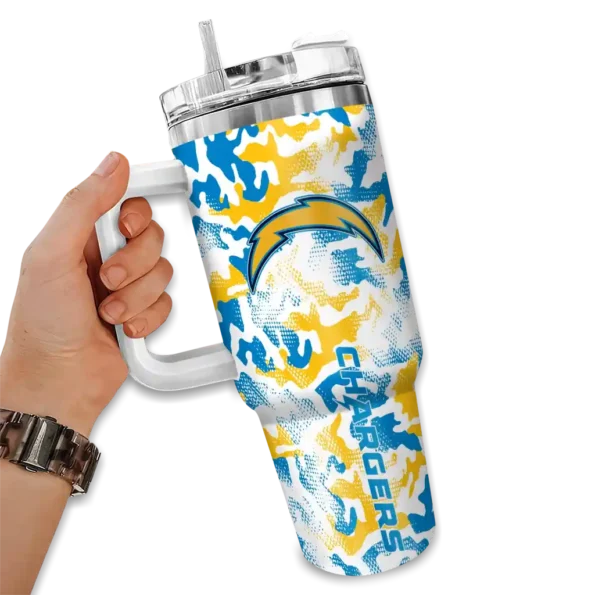 custom los angeles chargers camo mashup blue white curved tumbler fashion forward.webp