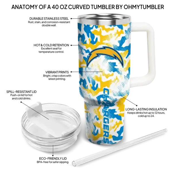 custom los angeles chargers camo mashup blue white curved tumbler new arrival.webp