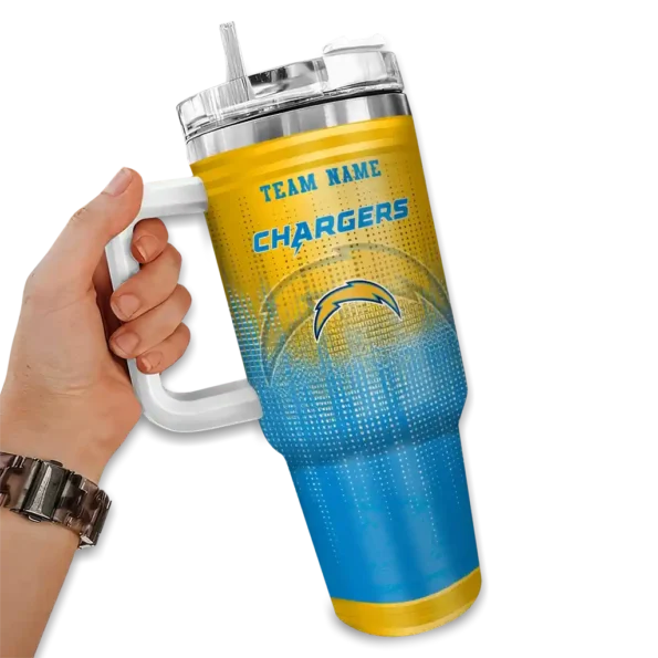 custom los angeles chargers gradient dots blue curved tumbler fashion forward.webp