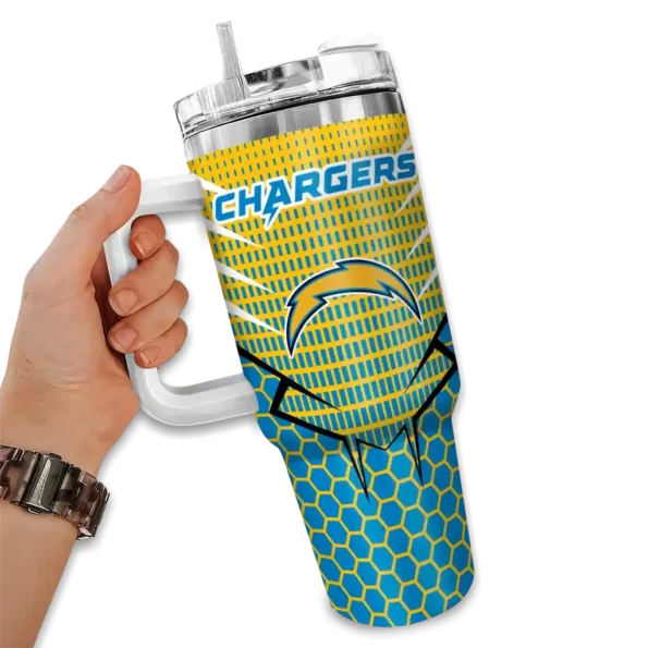 custom los angeles chargers hex texture blue curved tumbler fashion forward.webp