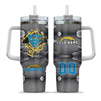 custom los angeles chargers superman shield blue gray curved tumbler best selling.webp