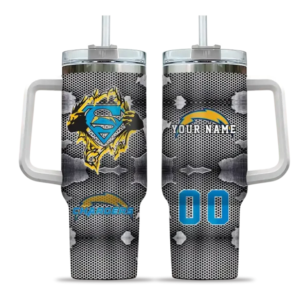 custom los angeles chargers superman shield blue gray curved tumbler best selling.webp