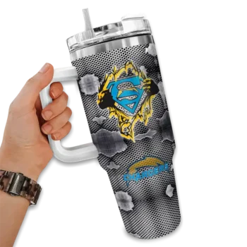 custom los angeles chargers superman shield blue gray curved tumbler fashion forward.webp