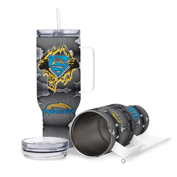 custom los angeles chargers superman shield blue gray curved tumbler high quality.webp