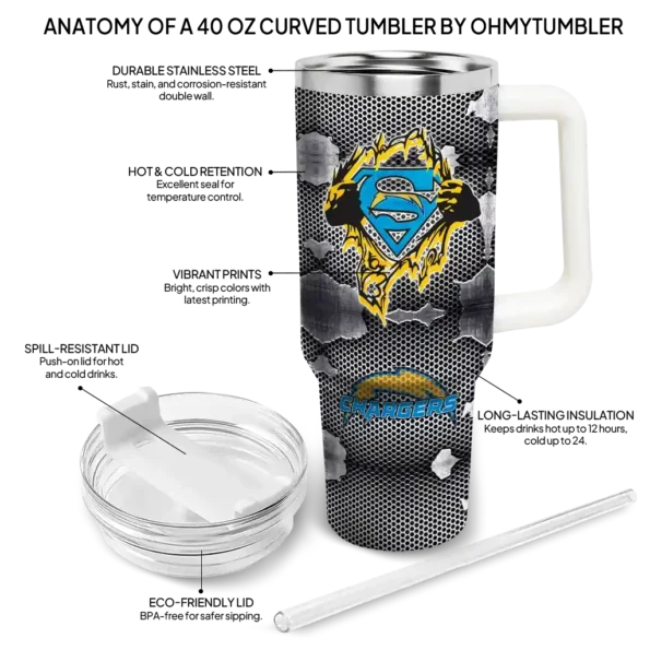 custom los angeles chargers superman shield blue gray curved tumbler new arrival.webp