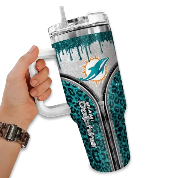 custom miami dolphins leopard zipper aqua curved tumbler fashion forward.webp