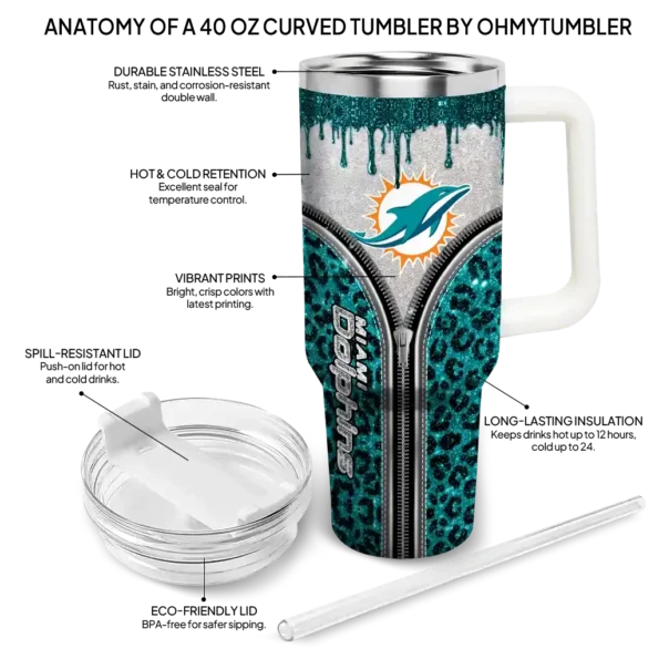 custom miami dolphins leopard zipper aqua curved tumbler new arrival.webp
