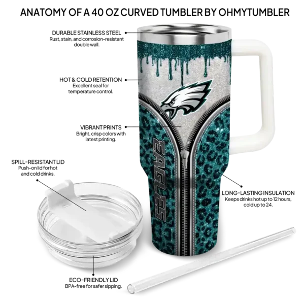 custom philadelphia eagles leopard zipper green curved tumbler new arrival.webp