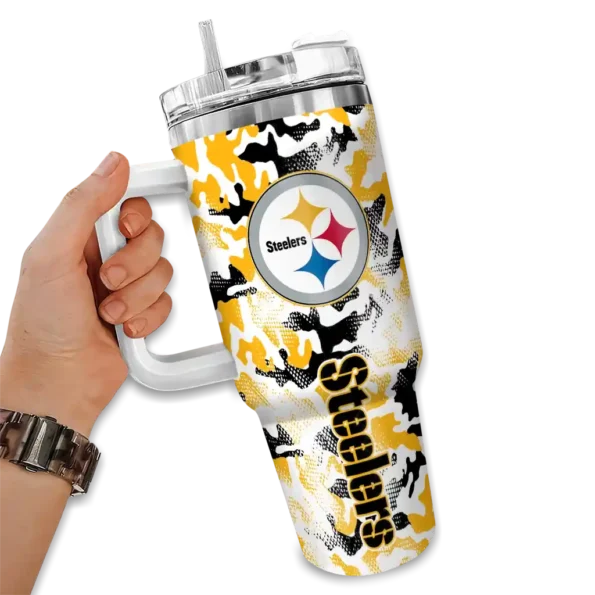 custom pittsburgh steelers camo mashup gold white curved tumbler fashion forward.webp