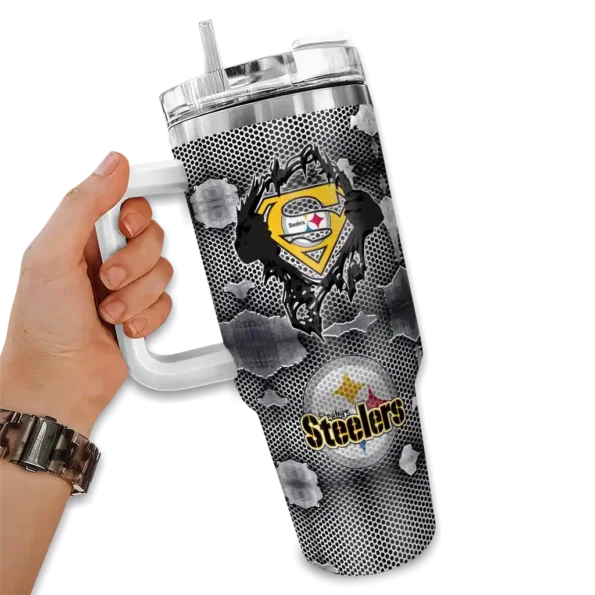 custom pittsburgh steelers superman shield gold gray curved tumbler fashion forward.webp