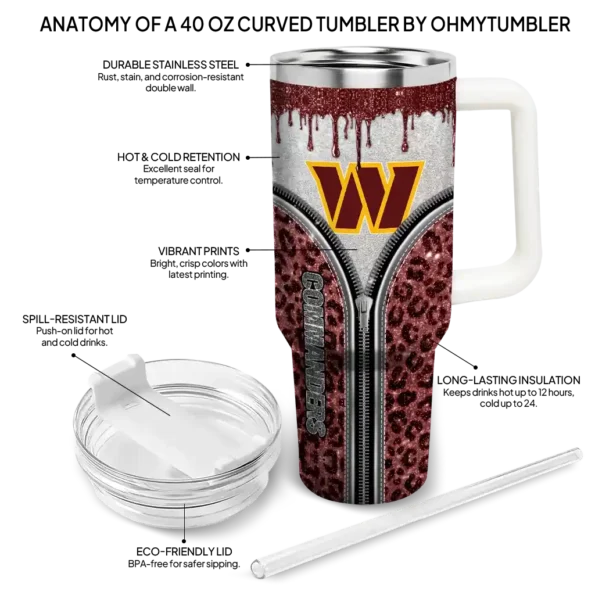 custom washington commanders leopard zipper burgundy curved tumbler new arrival.webp