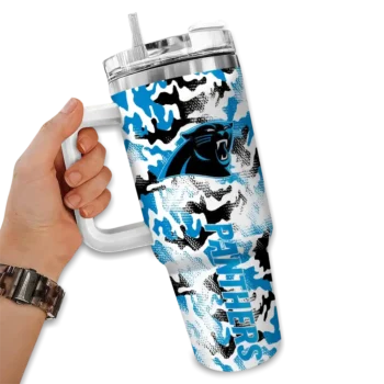 customized carolina panthers camo mashup blue white curved tumbler fashion forward.webp