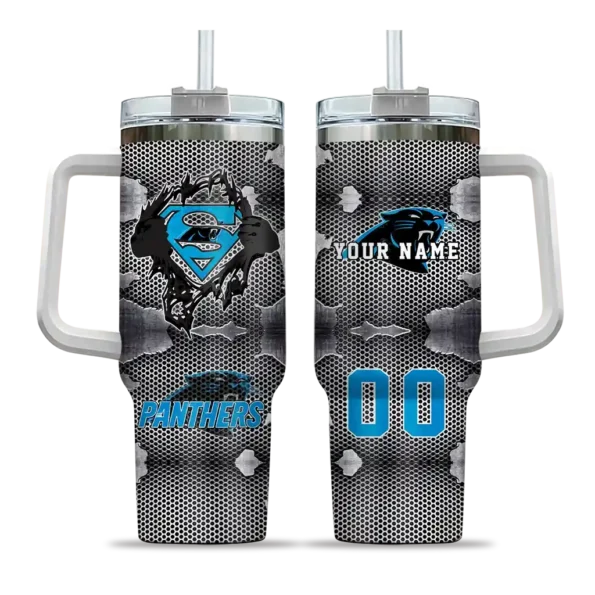 customized carolina panthers superman shield blue gray curved tumbler best selling.webp