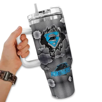 customized carolina panthers superman shield blue gray curved tumbler fashion forward.webp