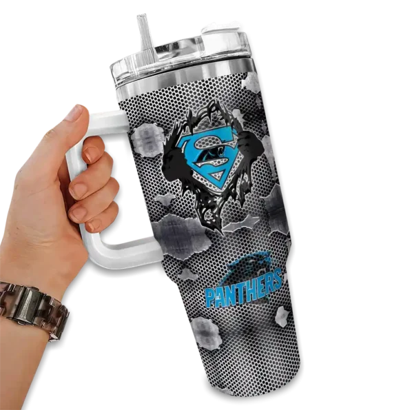 customized carolina panthers superman shield blue gray curved tumbler fashion forward.webp
