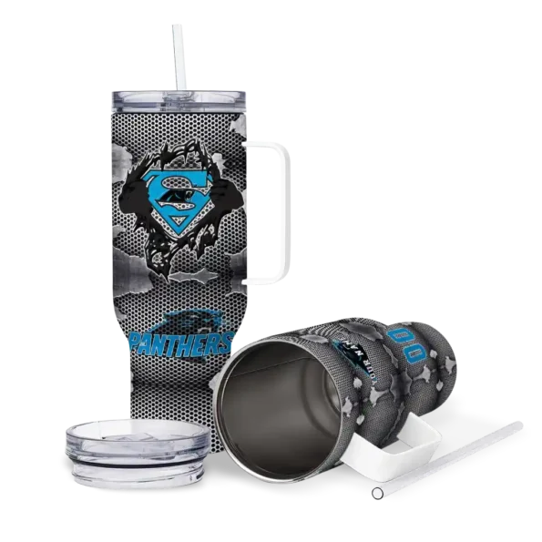 customized carolina panthers superman shield blue gray curved tumbler high quality.webp