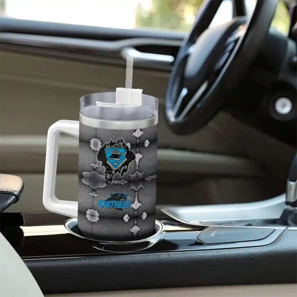 customized carolina panthers superman shield blue gray curved tumbler trendy.webp