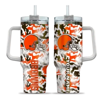 customized cleveland browns camo mashup brown white curved tumbler best selling.webp