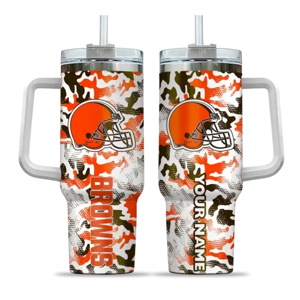 customized cleveland browns camo mashup brown white curved tumbler best selling.webp