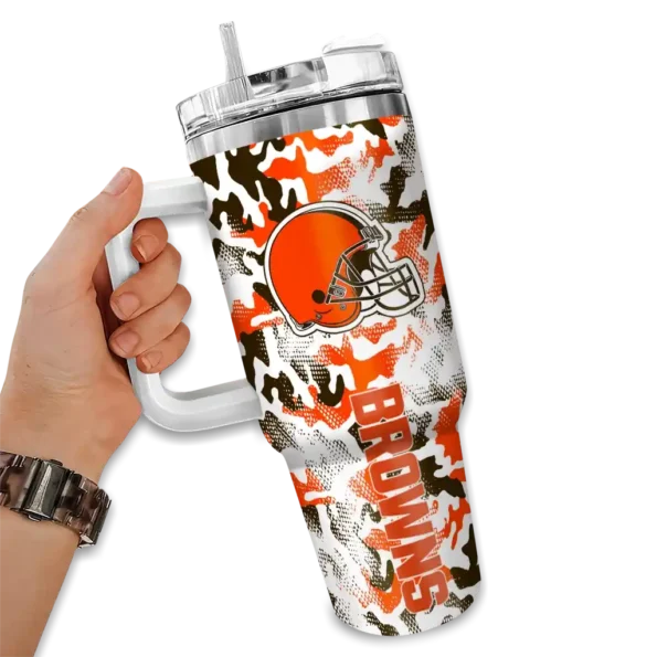 customized cleveland browns camo mashup brown white curved tumbler fashion forward.webp