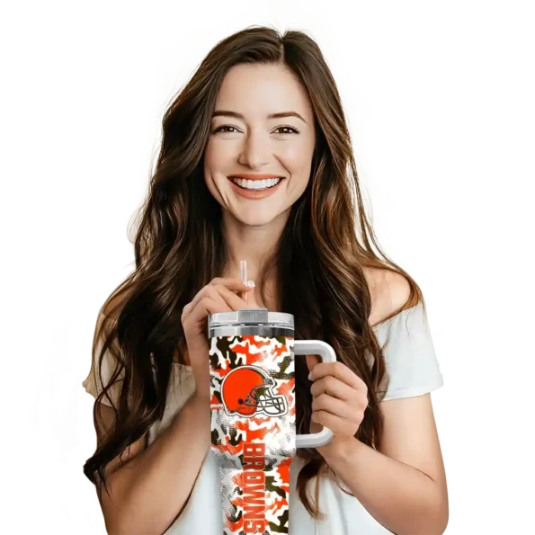 customized cleveland browns camo mashup brown white curved tumbler premium grade.webp