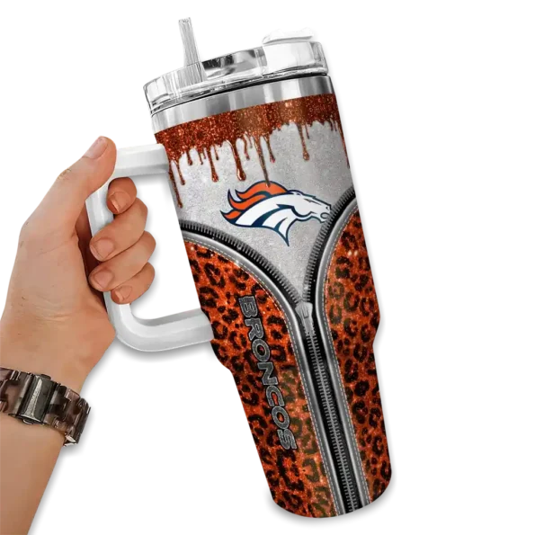 customized denver broncos leopard zipper orange curved tumbler fashion forward.webp