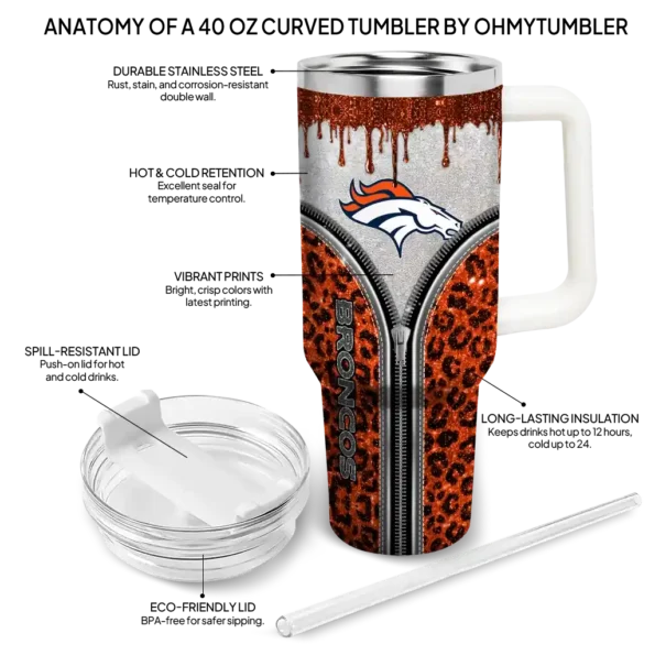 customized denver broncos leopard zipper orange curved tumbler new arrival.webp