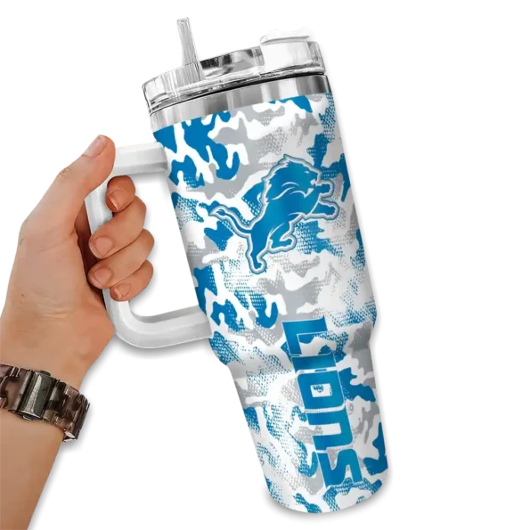 customized detroit lions camo mashup blue white curved tumbler fashion forward.webp