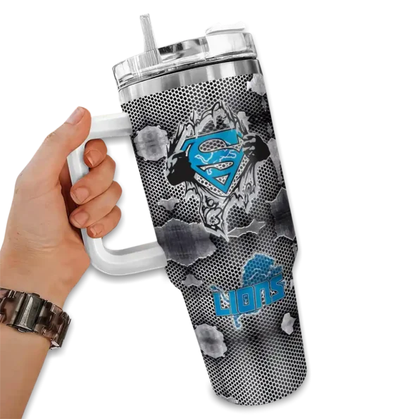 customized detroit lions superman shield blue gray curved tumbler fashion forward.webp