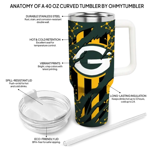 customized green bay packers claw cut green black curved tumbler new arrival.webp