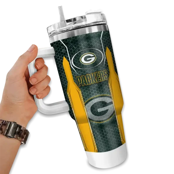 customized green bay packers hexagon armor green curved tumbler fashion forward.webp