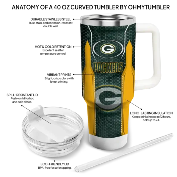 customized green bay packers hexagon armor green curved tumbler new arrival.webp