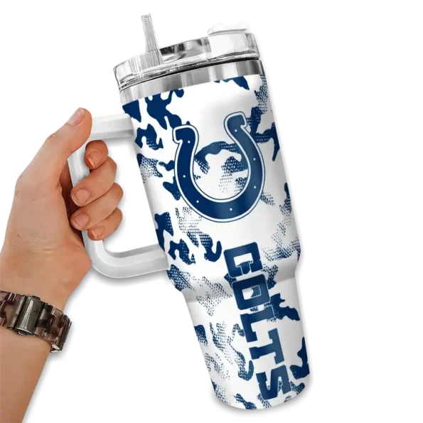 customized indianapolis colts camo mashup blue white curved tumbler fashion forward.webp