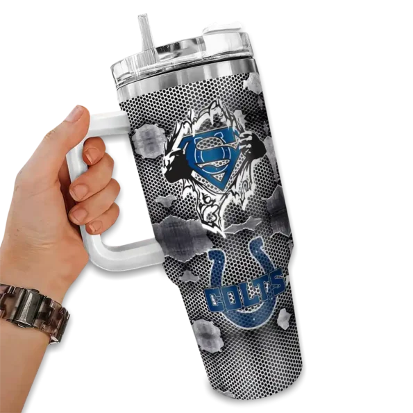 customized indianapolis colts superman shield blue gray curved tumbler fashion forward.webp