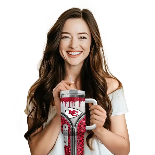 customized kansas city chiefs leopard zipper red curved tumbler premium grade.webp