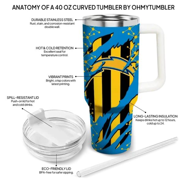 customized los angeles chargers claw cut blue black curved tumbler new arrival.webp