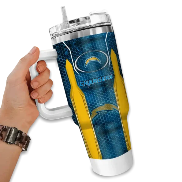 customized los angeles chargers hexagon armor blue curved tumbler fashion forward.webp